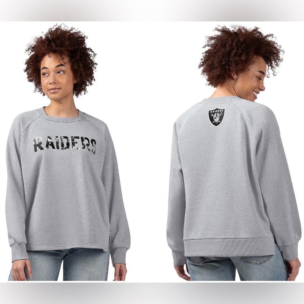 NFL Las Vegas Raiders Womens Shining Lurex Fleece Crewneck Size M Silver A655726